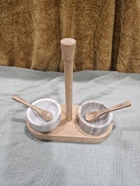 Hearth & Hand with Magnolia 2-Jar Marble Spice Cellar w/ Wood Rack & Spoons